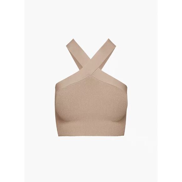 Aritzia Babaton Sculpt Beige Ribbed Knit Criss Cross Sleeveless Crop Tank Top XS - Picture 9 of 10